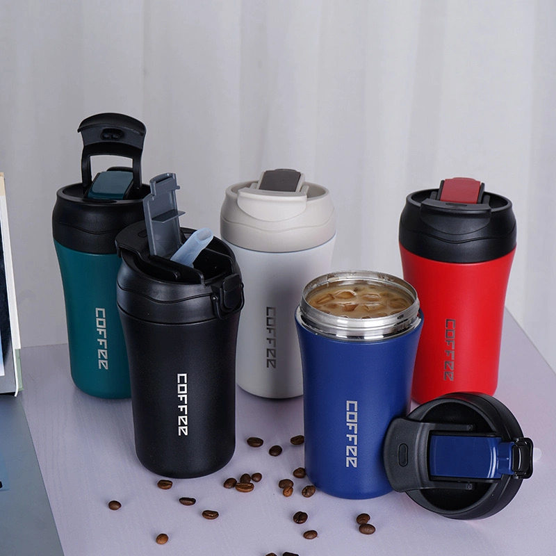 400ml Reusable Vacuum Thermos Tumbler Insulated Stainless Steel Travel Coffee Mug with Soft Straw